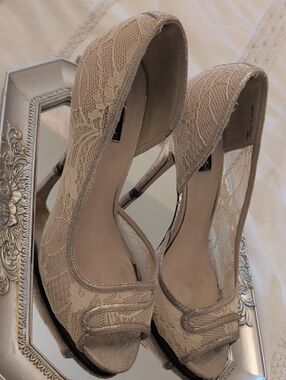 Celeste Lace Peep-Toe Heels in Light Beige